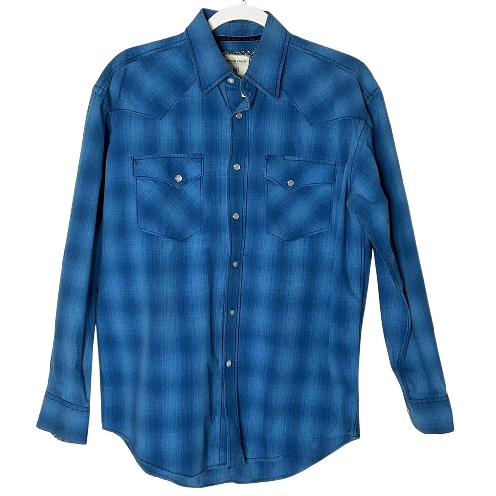 ROUGH STOCK Mens Blue Plaid Western‎ Snap Front Long Sleeve Shirt Size M